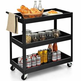 Black Steel Serving Utility Cart on Wheels with 2 Bottom Shelves