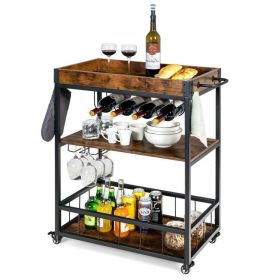 Modern Metal Wood Rolling Wine Rack Bar Serving Cart