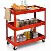 Red Steel Serving Utility Cart on Wheels with 2 Bottom Shelves
