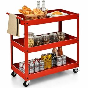 Red Steel Serving Utility Cart on Wheels with 2 Bottom Shelves