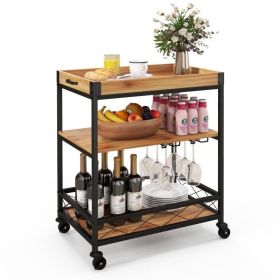 Modern Metal/Wood Shelf Serving Cart with Removable Top Tray